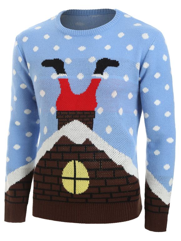 Christmas Santa Claus House Pattern Sweater - DAY SKY BLUE M