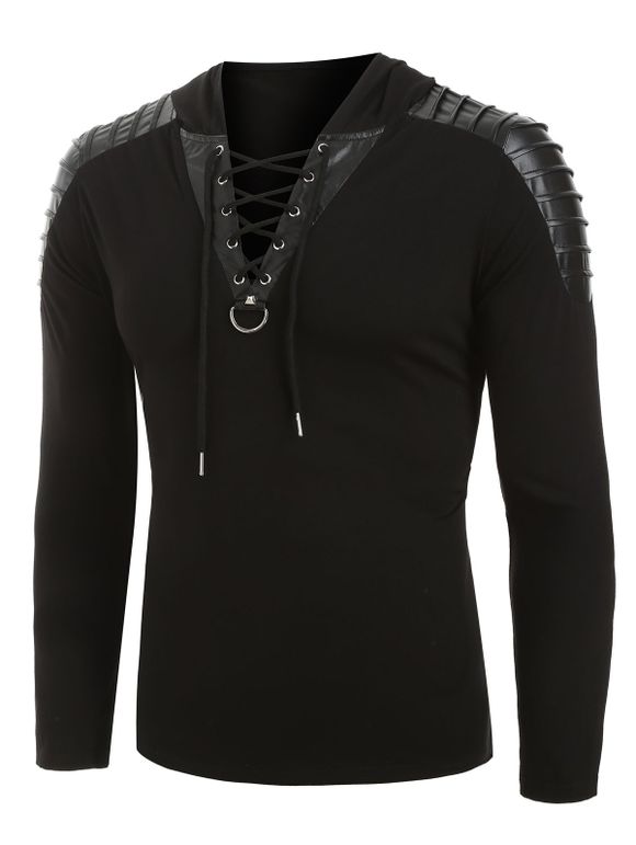 Faux Leather Pleated Sleeve Lace-up Pullover Hoodie - BLACK 3XL