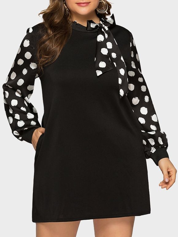 Robe Noué à Manches Longues à Pois Grande Taille - Noir 3X