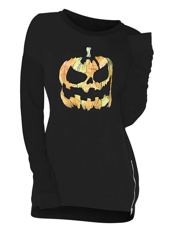 Sweat-shirt d'Halloween Citrouille Crâne avec Zip Latérale Grande Taille - Noir 2X