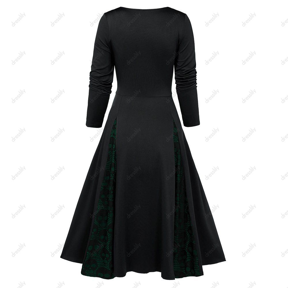 

Halloween Skull Lace Insert Mock Button Bowknot Dress, Dark forest green