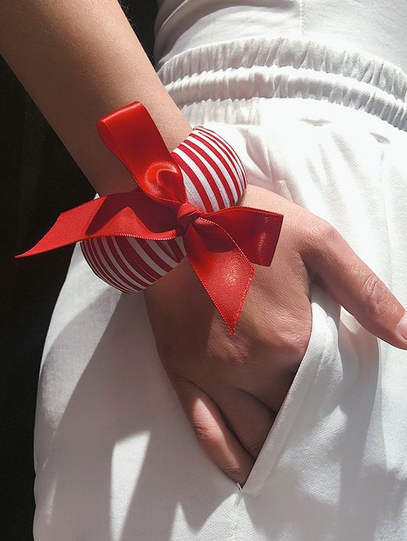 Bracelet Large Rayé avec Nœud Papillon en Tissu - Rouge 