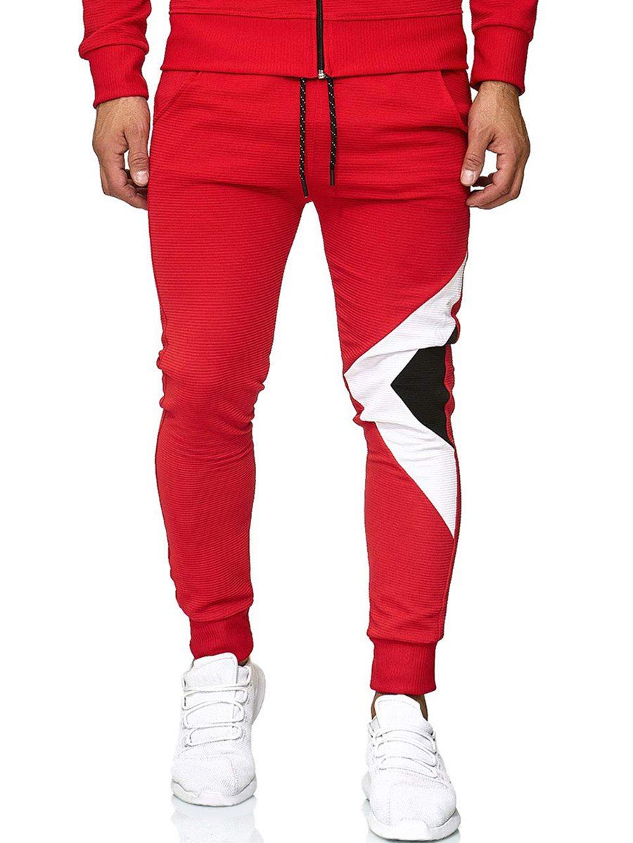 

Color Spliced Drawstring Casual Jogger Pants, Red