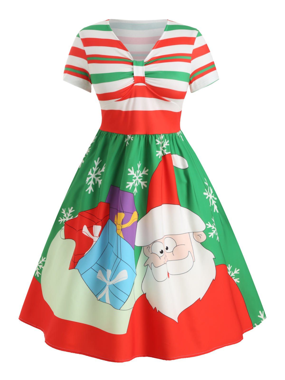 Plus Size Christmas Santa Claus Striped A Line Dress - YELLOW GREEN 4X
