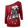Sweat-shirt Chat et Lune Imprimés Grande Taille à Col Oblique - Rouge Vineux 5X