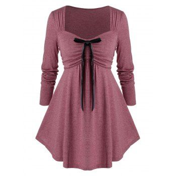 

Plus Size Bowknot Ruched Empire Waist T Shirt, Red wine