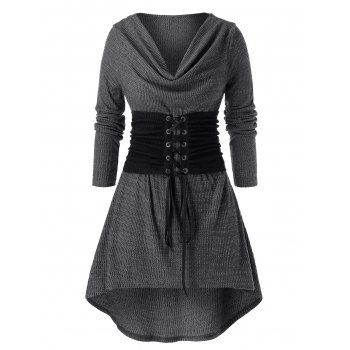 

Plus Size Lace-up Front High Low Ribbed T-shirt, Dark gray