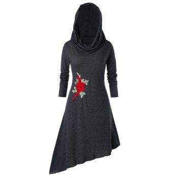 

Plus Size Hooded Embroidered Asymmetric Dress, Carbon gray