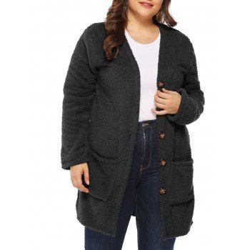 Plus Size Pockets Faux Fur Coat, Black
