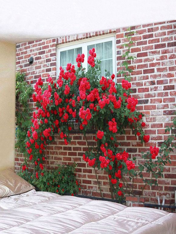 Tapisserie Murale Art Décoration Fleur et Fenêtre Imprimées - Rouge Rose W79 X L59 INCH