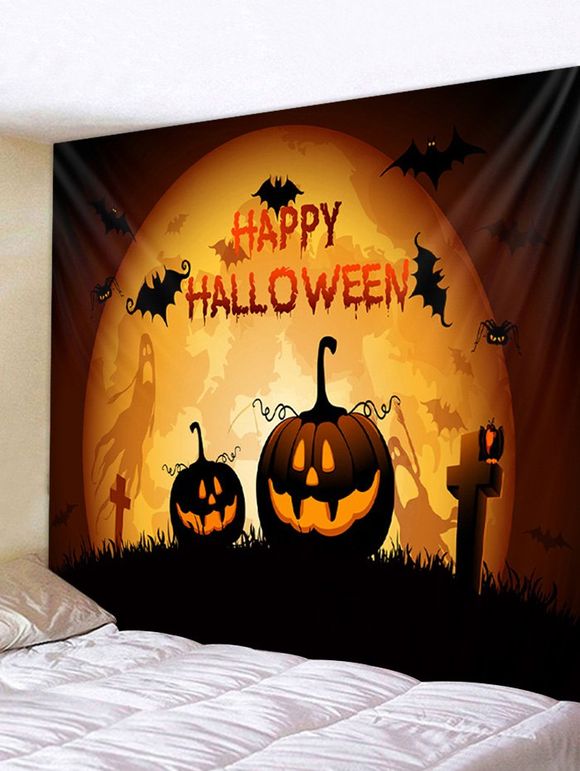 Tapisserie Murale Art Décoration d'Halloween Gothique Citrouille et Caractère Imprimés - Jaune d'Abeille 200*180CM
