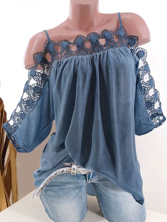 Blouse Panneau en Dentelle à Epaule Dénudée de Grande Taille - Bleu 2X