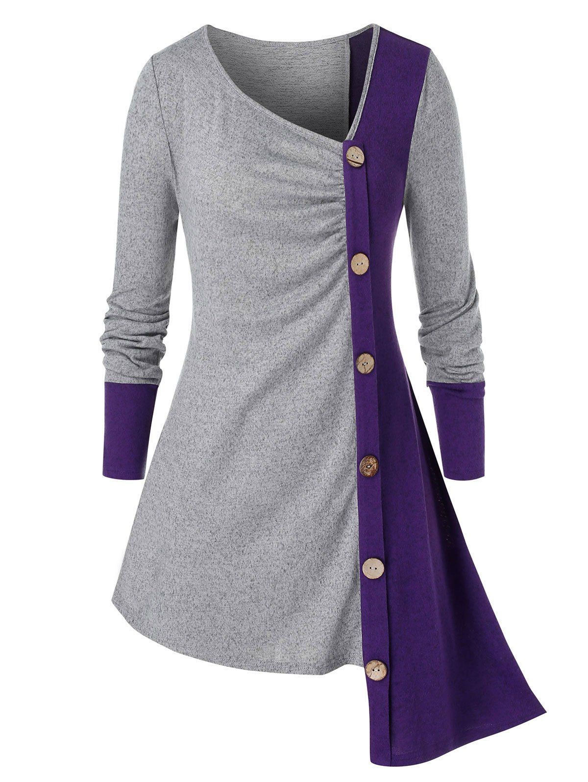 

Plus Size Ruched Buttons Colorblock T Shirt, Gray cloud