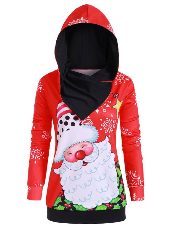 Sweat-Shirt à Capuche Flocons de Neige et Père Noël Imprimés Grande-Taille - Rouge 5X