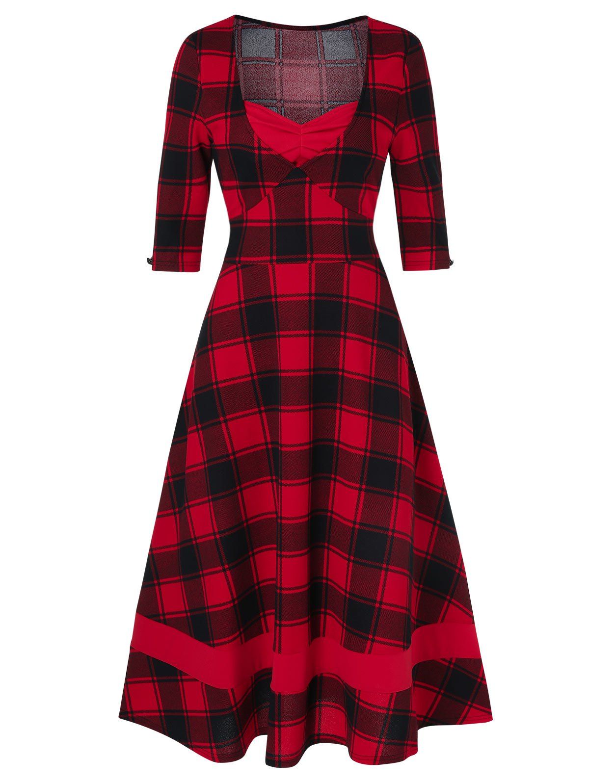 Plaid Print Sweetheart Neck Midi Vintage Flare Dress - RED WINE 2XL