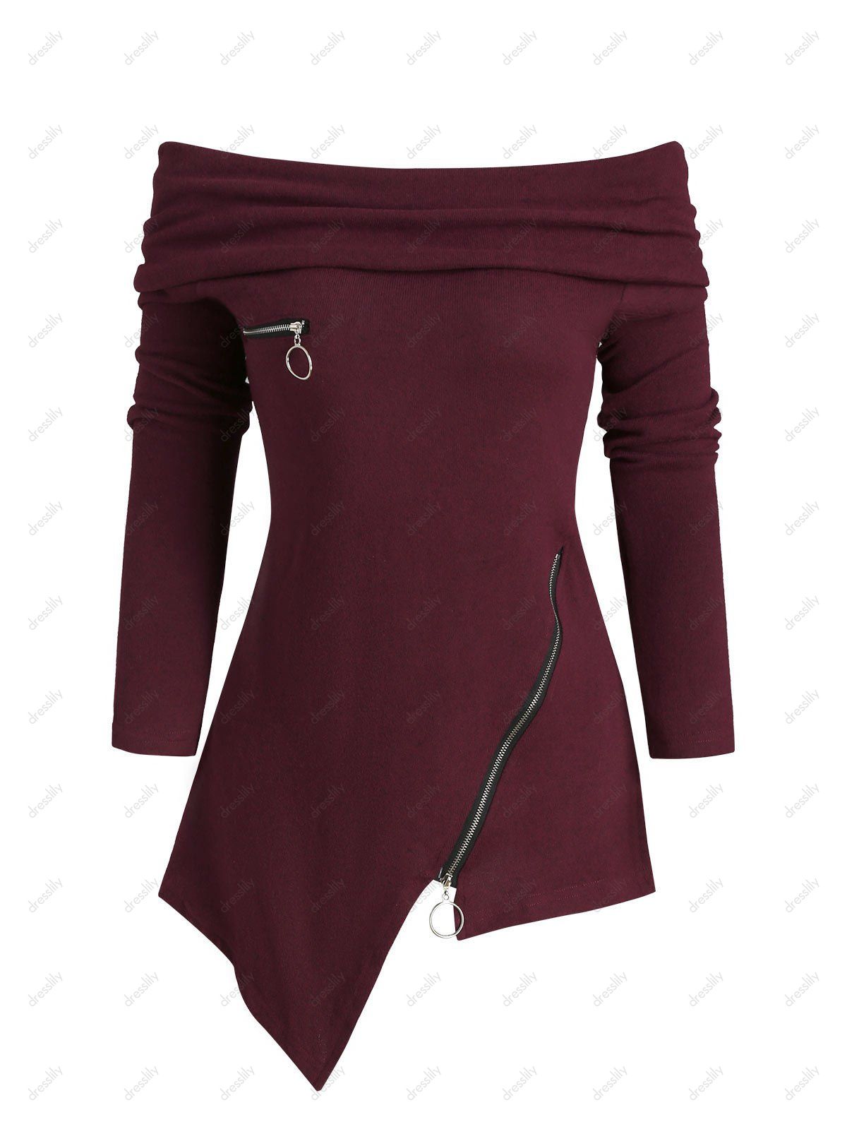 Cowl Neck Zippers Asymmetric Knitwear - RED WINE S