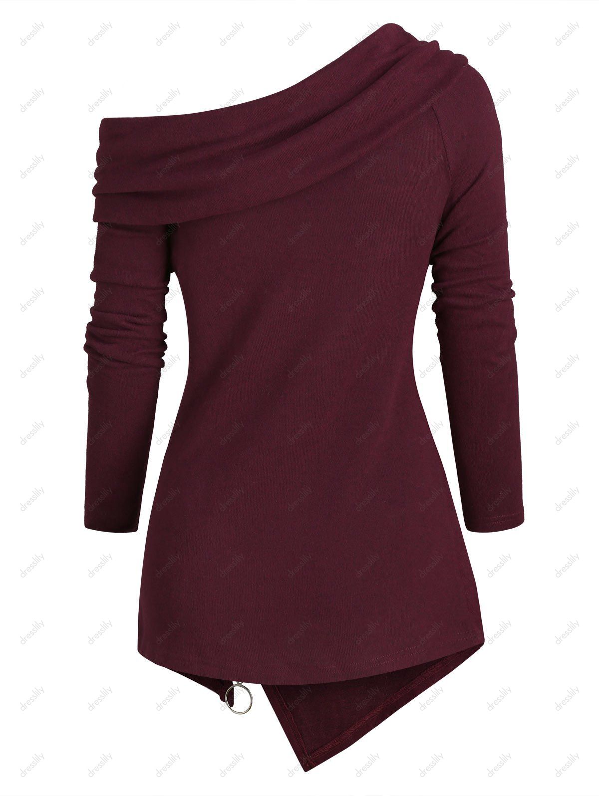 Cowl Neck Zippers Asymmetric Knitwear - RED WINE S
