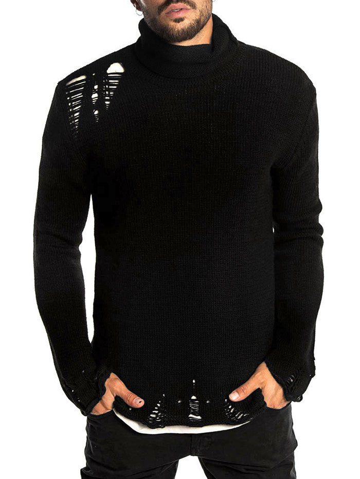 [30% OFF] 2020 Solid Distressed Ripped Turtleneck Sweater In BLACK ...