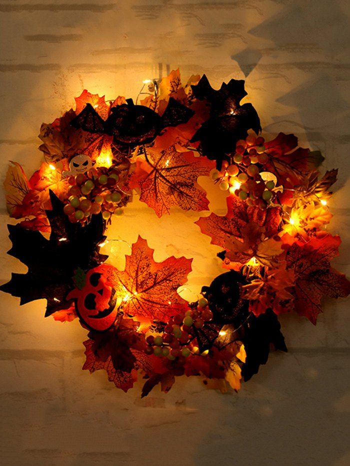 

Halloween Pumpkin Ghost Maple Leaf Wreath with Light, Multi-a