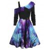 Robe Asymétrique d'Halloween Ciel Etoilé Anneau en O à Col Oblique Longueur à Genou - Noir 3XL
