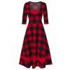 Robe Evasée Vintage Mi-Longue à Carreaux Imprimée - Rouge Vineux M