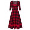 Plaid Print Sweetheart Neck Midi Vintage Flare Dress - RED WINE L