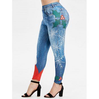 

Plus Size Christmas Santa Claus Snowflake Print Jeggings, Blueberry blue