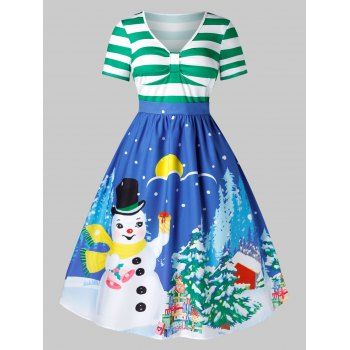 

Plus Size Vintage Christmas Printed Swing Dress, Blue ivy