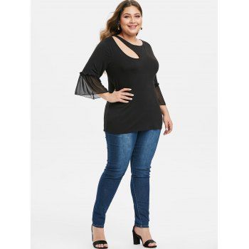 

Cutout Mesh Panel Frilled Plus Size Top, Black
