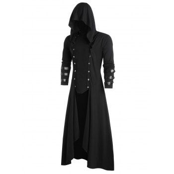 

Faux Leather Insert Button Up Gothic Hoodie, Black