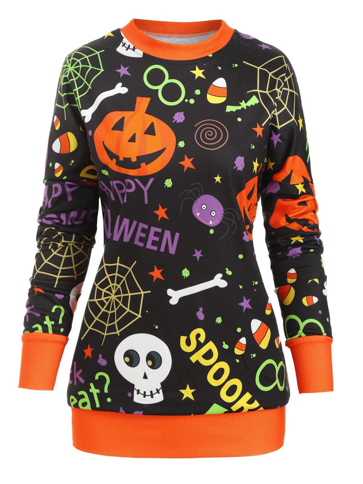 

Pullover Pumpkin Skull Print Halloween Plus Size Sweatshirt, Multi-a