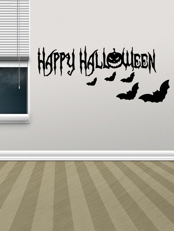 Autocollant Mural d'Halloween Motif de Citrouille et de Chauve-souris - Noir 25*57CM