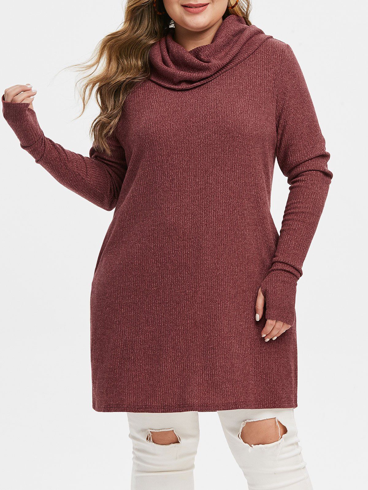 Plus Size Solid Turtleneck Tunic Sweater - RED WINE 1X