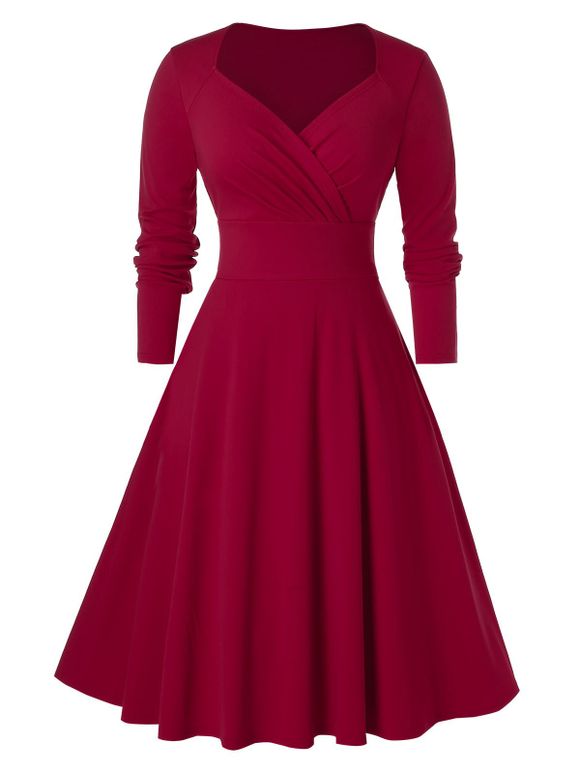 Robe Mi-Longue Superposée de Grande Taille à Col en Forme de Cœur - Rouge Vineux 1X