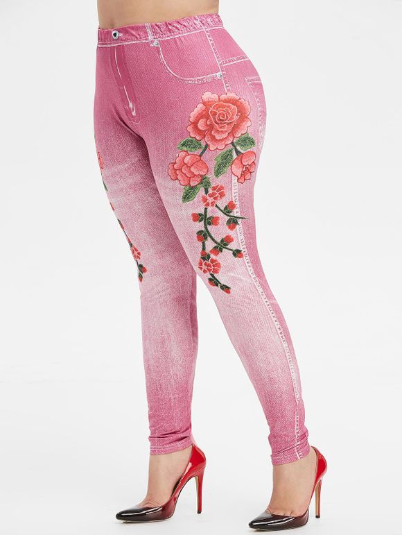 Legging Fleur 3D Imprimée à Taille Haute Grande Taille - Rose 5X