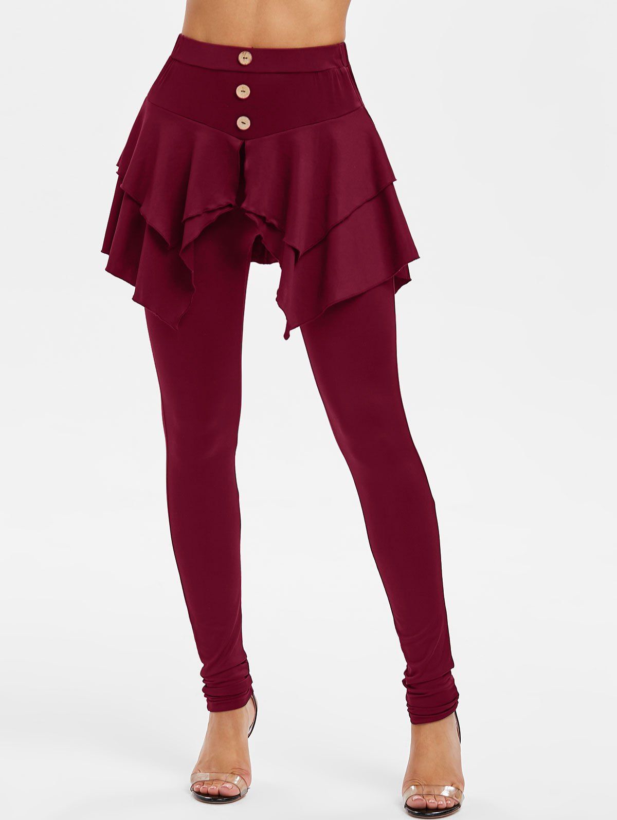 

Button High Waist Skirted Skinny Pants, Red wine