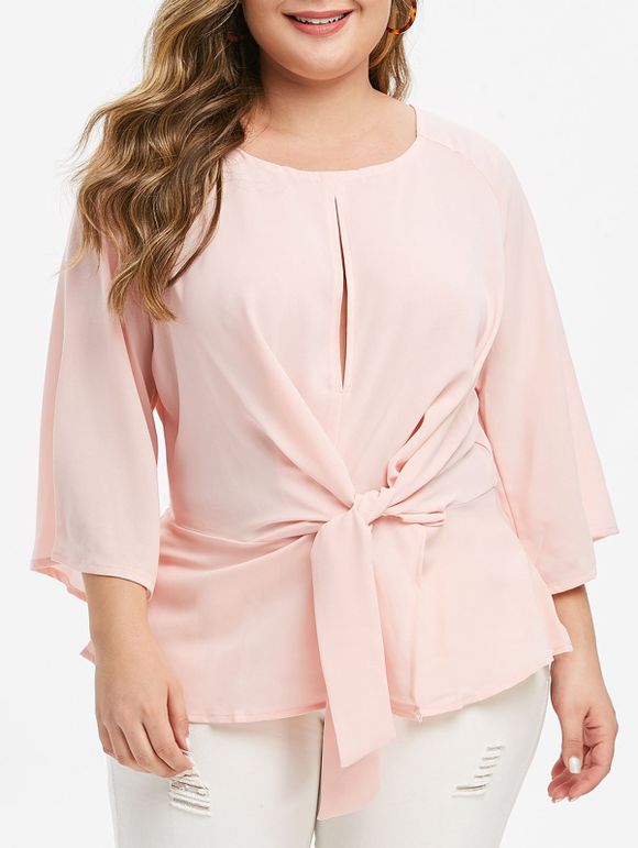 Chemisier Noué Fendu à Manches Raglan de Grande Taille - Rose 2X