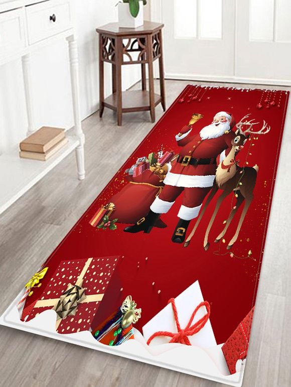 Tapis de Sol Motif de Cerf et de Père Noël Imprimé en Flanelle - Rouge W24 X L71 INCH