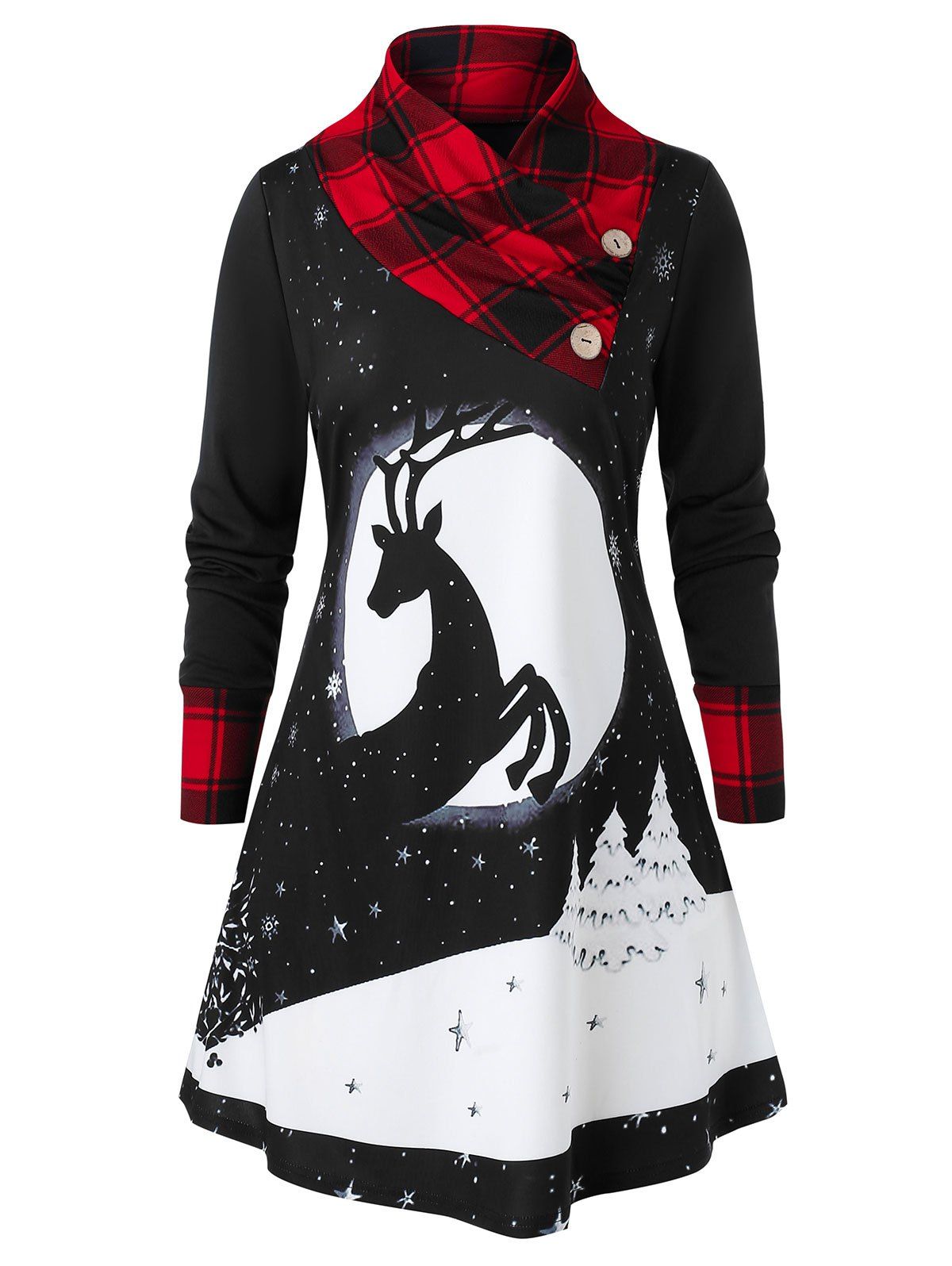 Plus Size Christmas Snowflake Elk Print Plaid Panel Tunic Sweatshirt - multicolor 3X