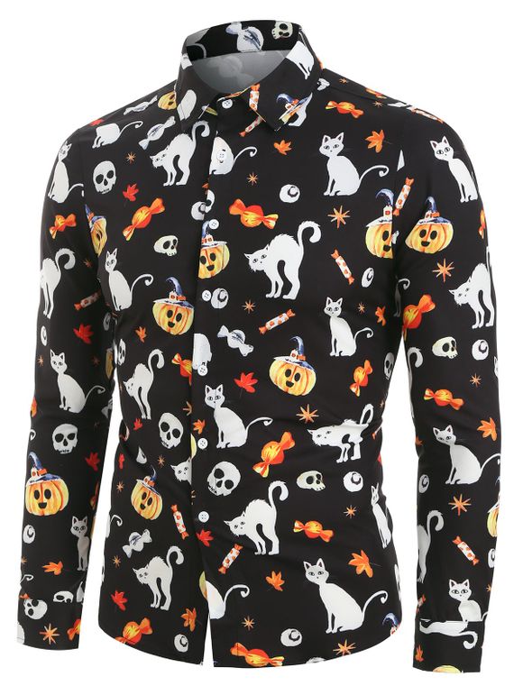 Halloween Pumpkin and Cat Print Button Up Long Sleeve Shirt - BLACK M