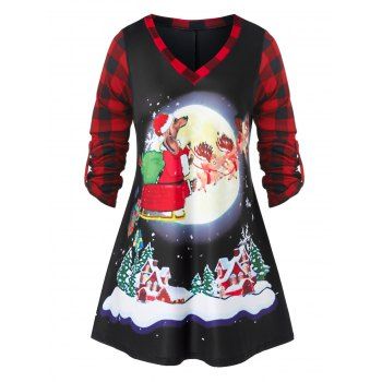 

Plus Size Roll Up Sleeve Plaid Christmas Printed T Shirt, Black