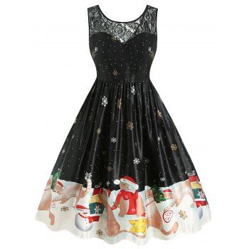 

Plus Size Vintage Cat Snowflake Print Christmas Dress, Black
