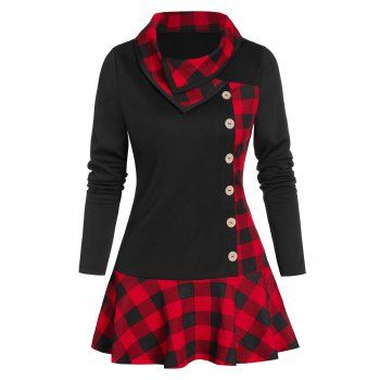 

Plaid Print Mock Button Ruffle Hem T-shirt, Black
