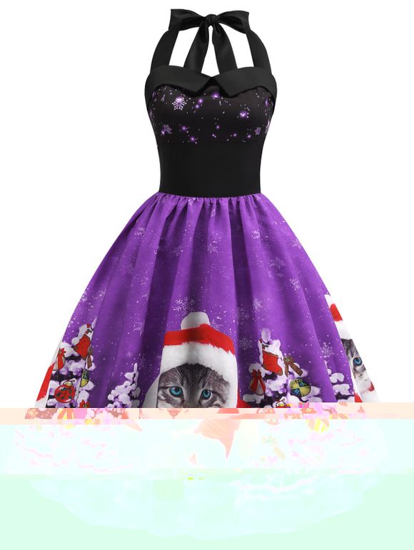 Robe Soirée de Noël Plissée Chat à Col Halter - Pourpre M