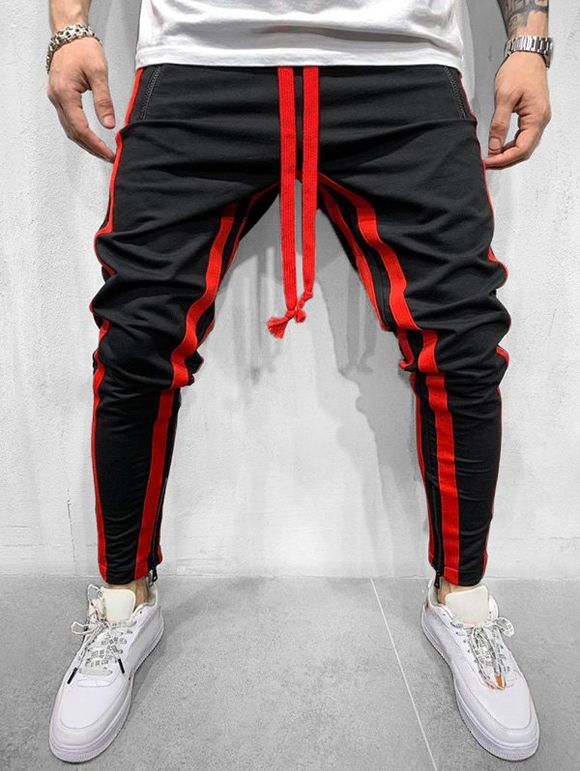 Pantalon de Sport Contrasté Rayé à Ourlet Zip à Cordon - Noir XS