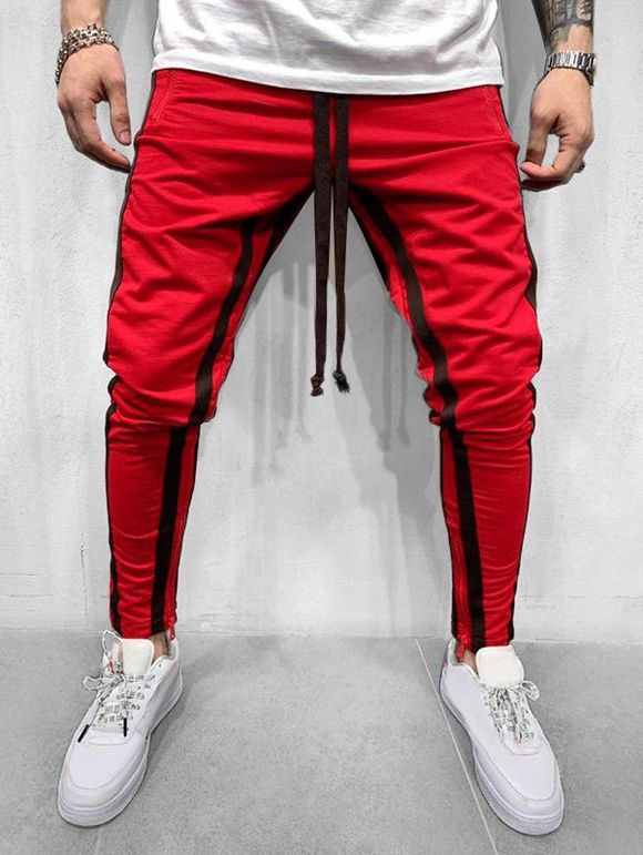 Pantalon de Sport Contrasté Rayé à Ourlet Zip à Cordon - Rouge S