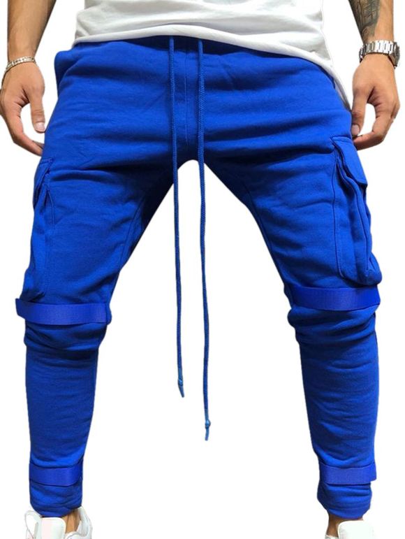 Pantalon de Sport Long en Couleur Unie avec Ruban avec Poche à Rabat - Bleu M