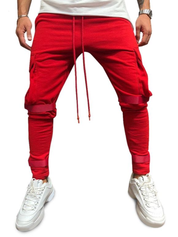 Pantalon de Sport Long en Couleur Unie avec Ruban avec Poche à Rabat - Rouge M