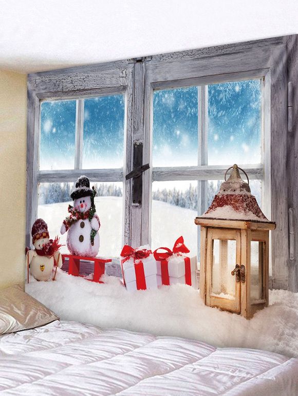 Tapisserie de Noël Motif de Fenêtre Bonhomme de Neige - Ciel Bleu Foncé W79 X L59 INCH