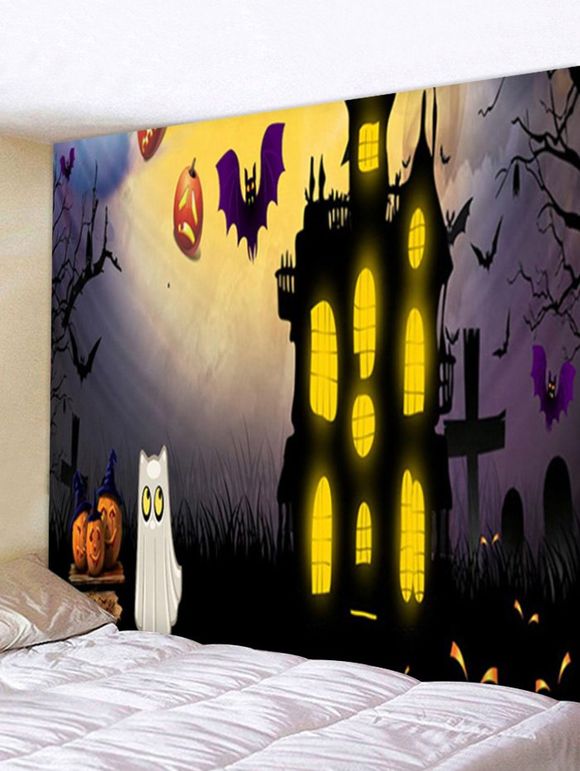 Tapisserie d'Halloween Motif Citrouille Chauve-souris Fantôme et Château - multicolor F W59 X L51 INCH